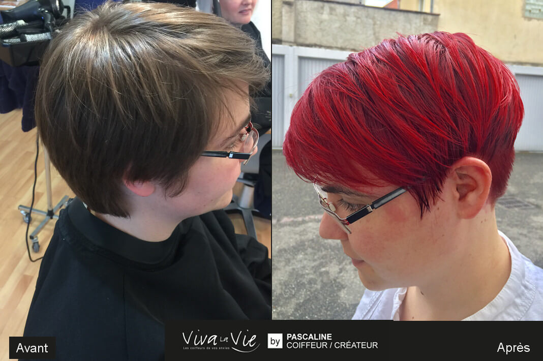 Coiffure et coupe de transformation avant/apres coloration cheveux tendance flashy rouges