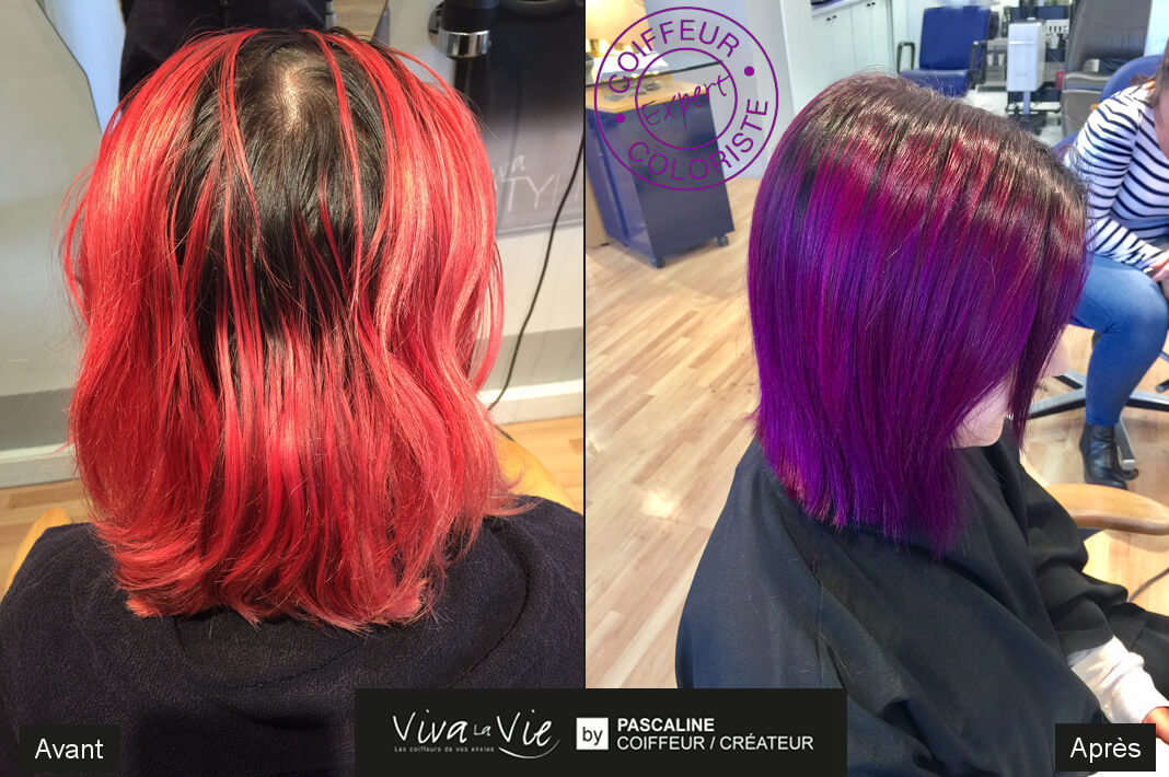 Coiffure et coupe de transformation avant/apres coloration cheveux tendance flashy violets