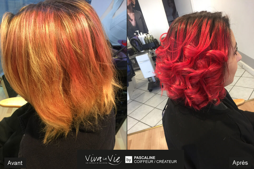 Coiffure et coupe de transformation avant/apres coloration cheveux tendance rouges