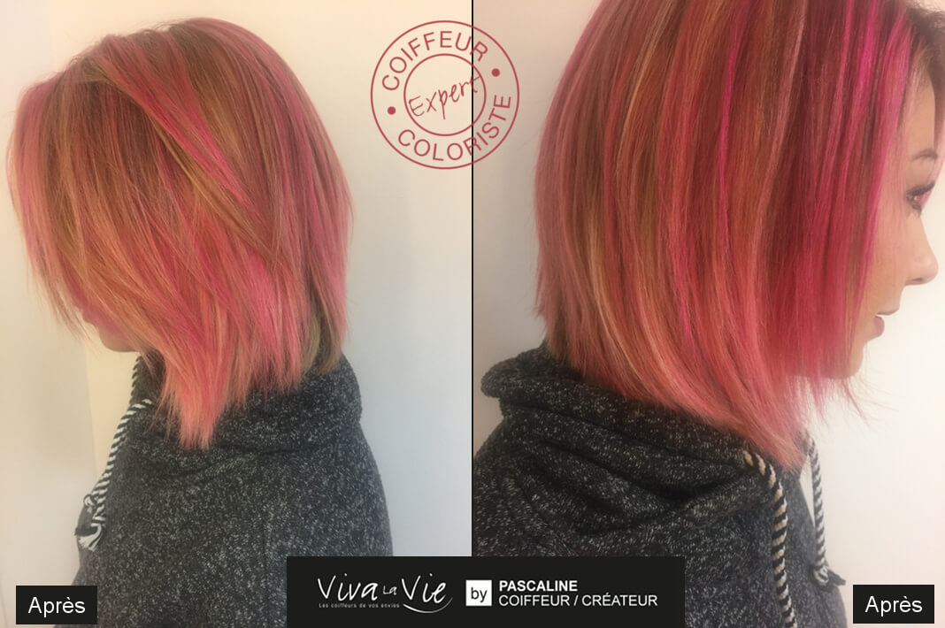 Coiffure et coupe de transformation avant/apres coloration cheveux tendance flashy meches roses