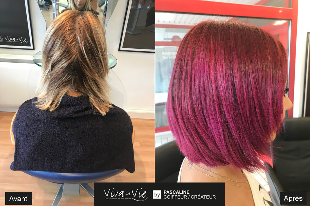 Coiffure et coupe de transformation avant/apres coloration cheveux tendance flashy roses